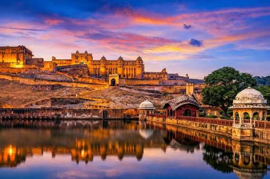 Amer Fort rising above Maota Lake near Jaipur